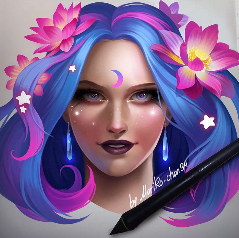 Fantasy Girl Yulia Ptitsyna Girl Luminos Flower Face Pink Blue