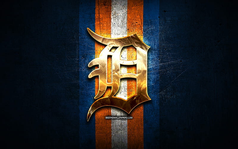 Detroit Tigers, golden logo, MLB, blue metal background, american baseball team, Major League Baseball, Detroit Tigers logo, baseball, USA, HD wallpaper