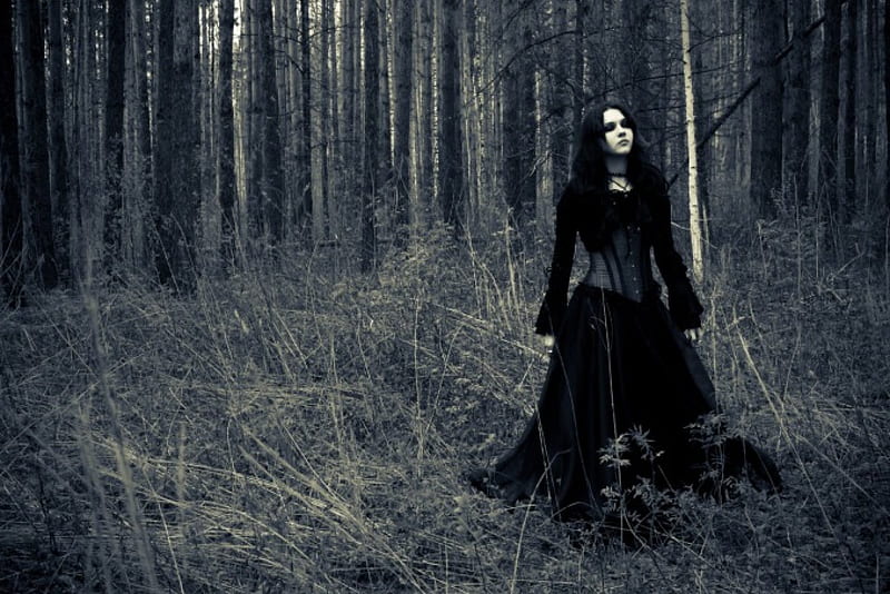 The Exploration, female, girl, gothic, dark, woods, black dress, searching, HD wallpaper