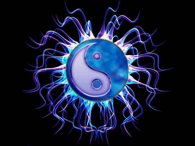 Ying Yang , yin yang, 3d, white black, blue, HD wallpaper