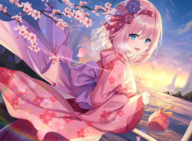 Kusano yui, kimono, princess connect, sakura blossom, pink hair, sunset,  Anime, HD wallpaper | Peakpx