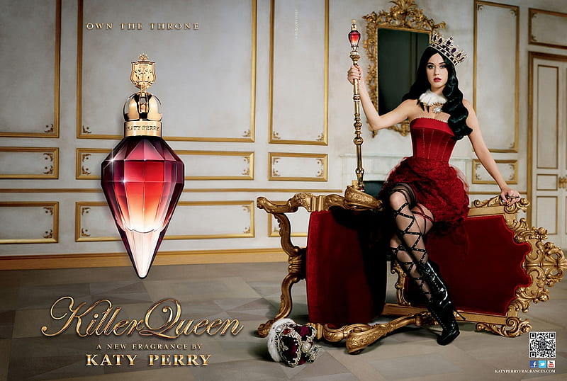 Katy Perry, perfume, red, dress, bottle, killer queen, fragrance, woman, singer, add, girl, commercial, chair, HD wallpaper