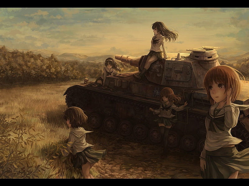 Tank, sky, sky, campo, tanque, uniform, chicas, uniforme, girls, field, HD wallpaper