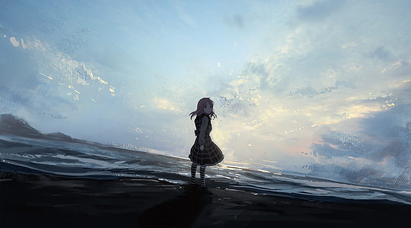 anime girl, horizon, scenic, clouds, beach, waves, Anime, HD wallpaper