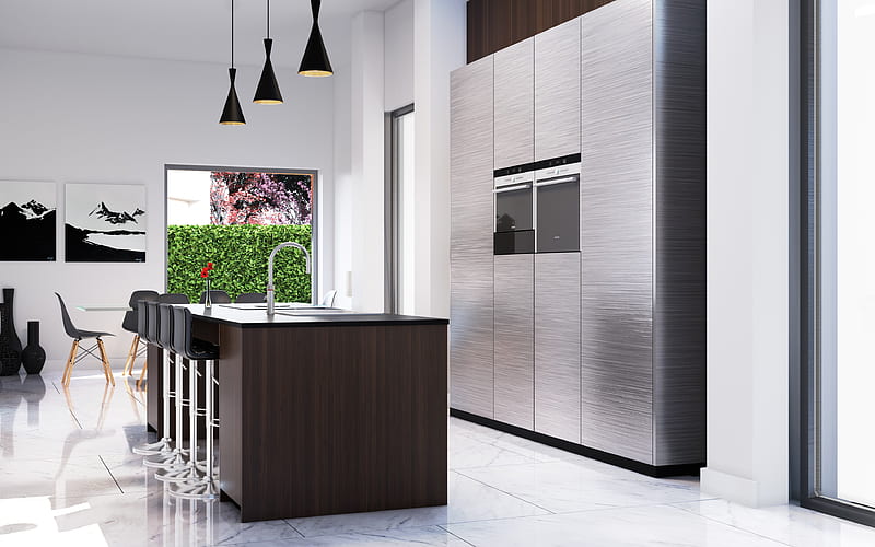 kitchen stylish interior, gray kitchen, modern design, interior idea, HD wallpaper