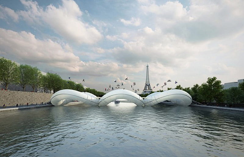 inflatable bridge21, architecture, river, fun, bridge, HD wallpaper