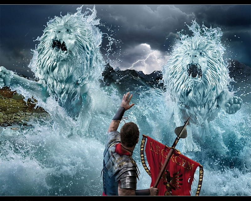water lions, cursors, cg, waves, abstract, lion, animal, sea, fury, 3d, water, mans fury, lions, fantasy art, HD wallpaper