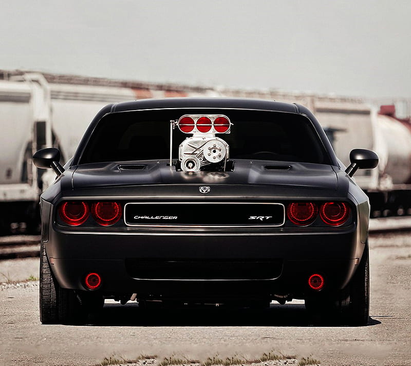 Dodge Challenger, black, muscle cars, red, road, train, HD wallpaper