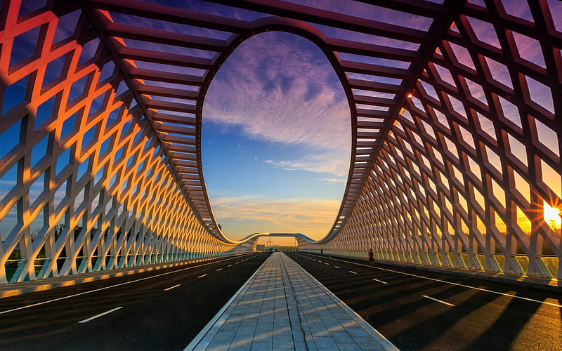 Bridge, architecture, modern, road, sun, HD wallpaper