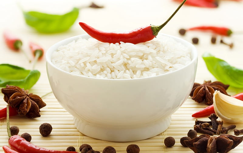 Rice, chilli, food, bowl, HD wallpaper