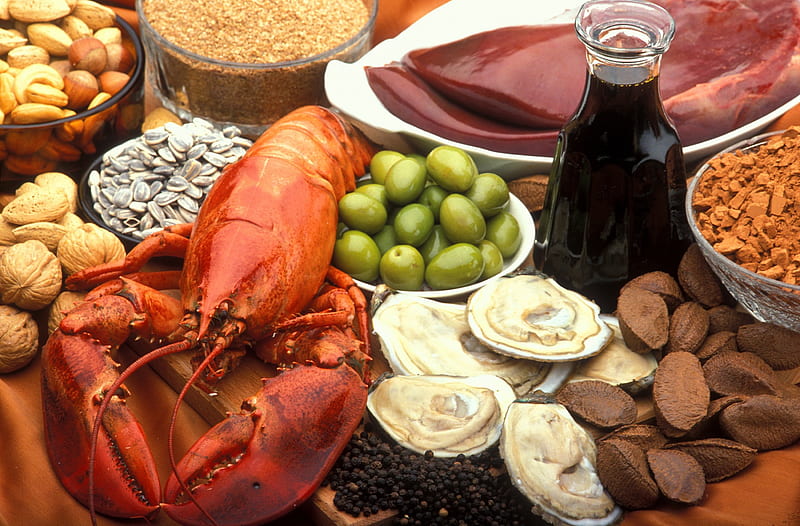 Seafood and Nuts, walnuts, seafood, liver, cashews, olives, abstract, nuts, brazilnuts, oysters, dressing, HD wallpaper