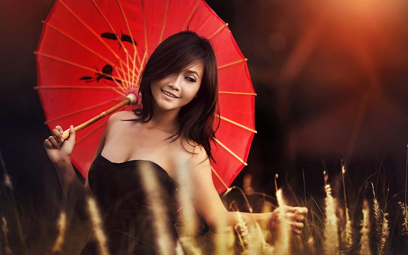 Red umbrella, model, japanese, woman, girl, oriental, summer, asian, chinese, HD wallpaper