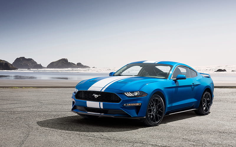 Ford Mustang, 2019, blue sports coupe, coast, blue Mustang, sports car, Performance Pack, EcoBoost, Ford, HD wallpaper