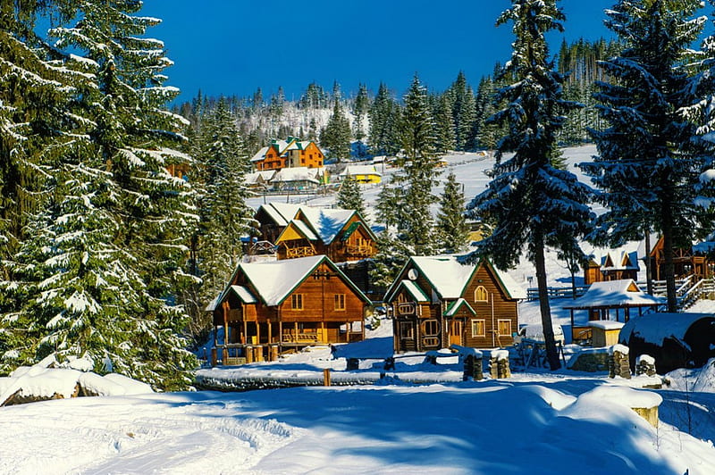 Winter landscape, resort, rest, vacation, bonito, trees, ski, winter, mountain, snow, slope, nature, cabins, landscape, HD wallpaper