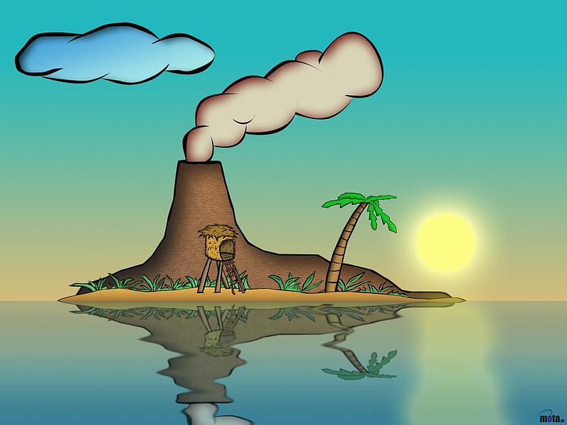 Island, sun, castaway, cloud, palm, abstract, smoke, volcano, HD wallpaper