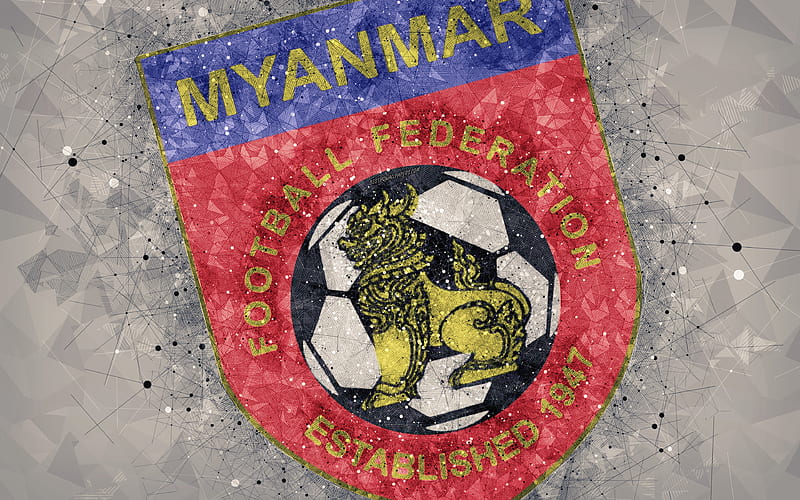 Myanmar national football team geometric art, logo, gray abstract background, Asian Football Confederation, Asia, emblem, Myanmar, football, AFC, grunge style, creative art, HD wallpaper