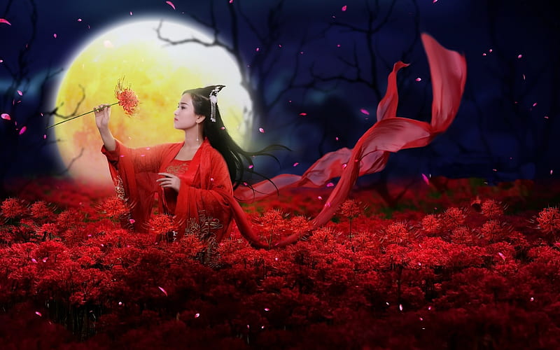 Moonlight, red, frumusete, luminos, moon, spider lily, fantasy, moon, girl, asian, flower, HD wallpaper