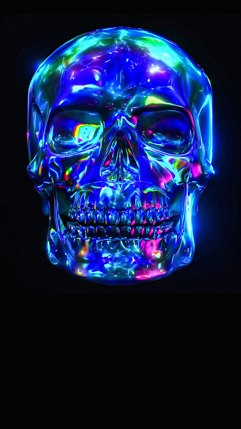 iridescent, blue, bones, dark, death, glowing, horror, neon, skeleton, skull, HD phone wallpaper
