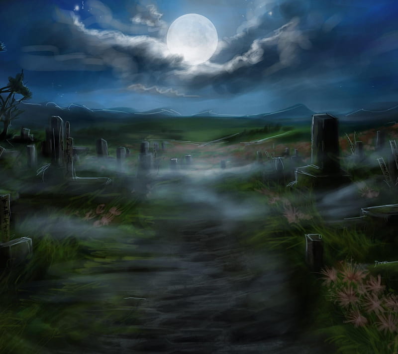 Eerie Graveyard, clouds, fog, halloween, moon, scary, sky, trees, HD wallpaper
