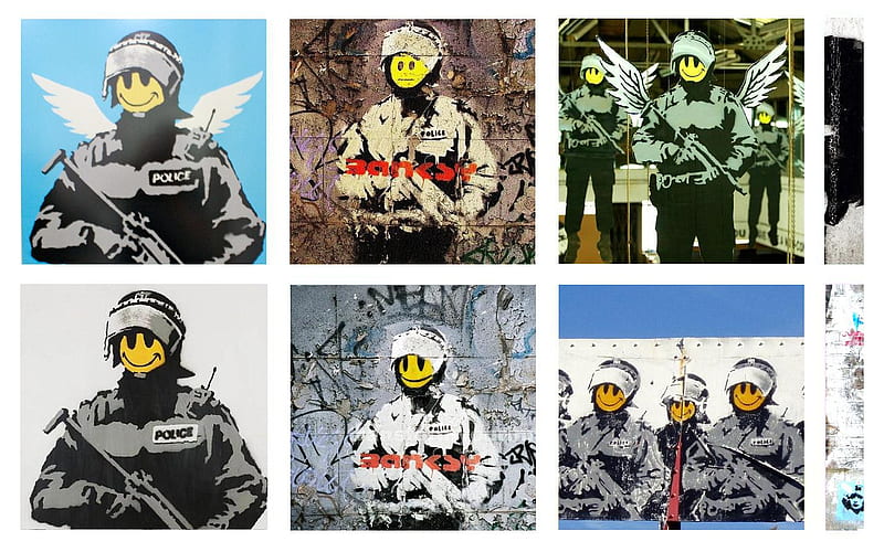 Banksy Smiley Face, art, banksy, cop, smiley, riot, smile, police, graffiti, HD wallpaper