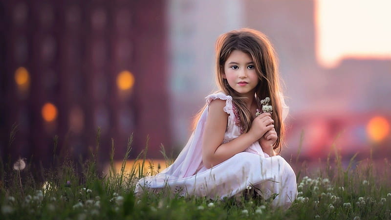 Cute Baby Girl Is Sitting On Green Grass Having Flowers In Hand Wearing Pink Dress Posing For A In Blur Background Cute, HD wallpaper