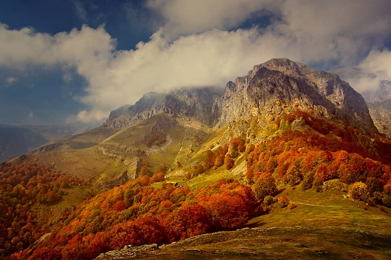 Beautiful Mountain, fall, autumn, bonito, clouds, mountain, graphy, beauty, season, forests, forest, colors, sky, trees, colours, nature, bulgaria, HD wallpaper