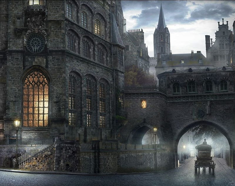 London Town, goth, gothic, bridge, tower, dark, buildings, streets, carriage, HD wallpaper