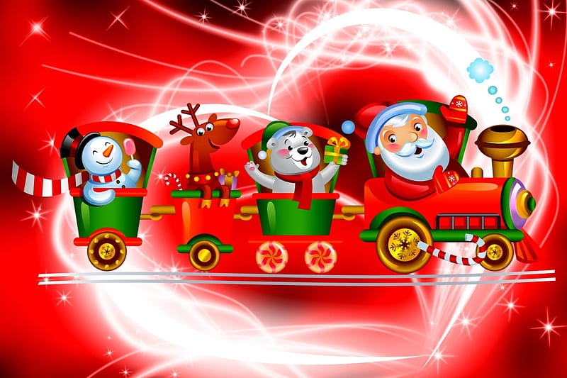 Santa's train, red, background, bonito, santa claus, derrs, nice, train, merry, friends, animals, lovely, holiday, christmas, new year, joy, snowman, winter, happy, ride, funny, hop, HD wallpaper