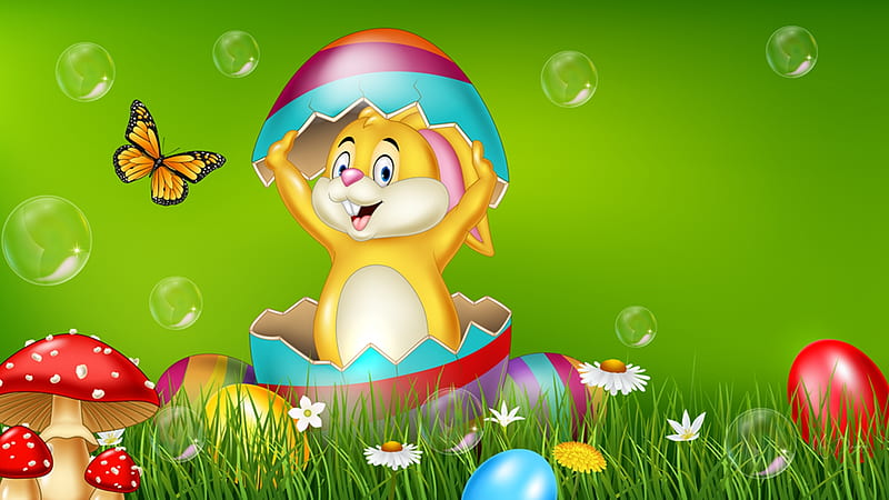 Happy Easter Everyone, toadstools, daisieis, grass, spring, bunny rabbit, happy, Easter, butterfly, eggs, bubbles, flowers, mushrooms, Firefox Persona theme, HD wallpaper