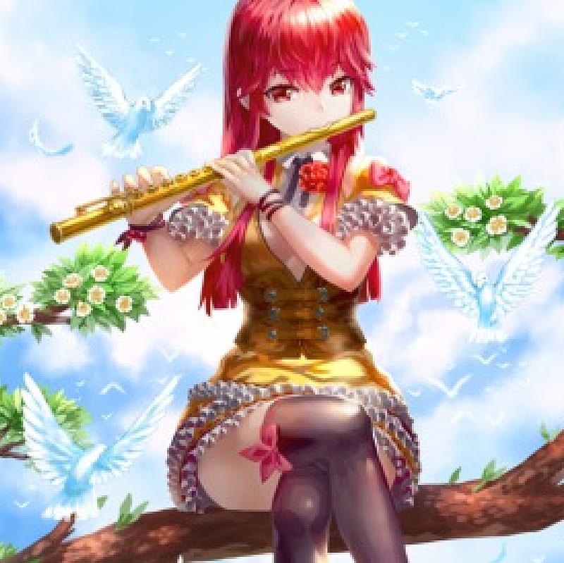 Flute, pretty, dress, redhead, bonito, branch, play, sweet, nice, musician, anime, instruments, beauty, anime girl, long hair, playing, female, lovely, red hair, pigeon, girl, bird, dove, HD wallpaper