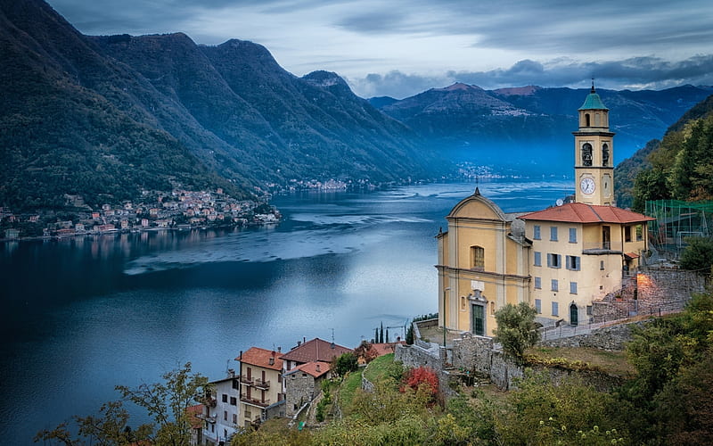 Pognana Lario, Lake Como, Italy, mountains, clouds, sky, alps, landscape, HD wallpaper
