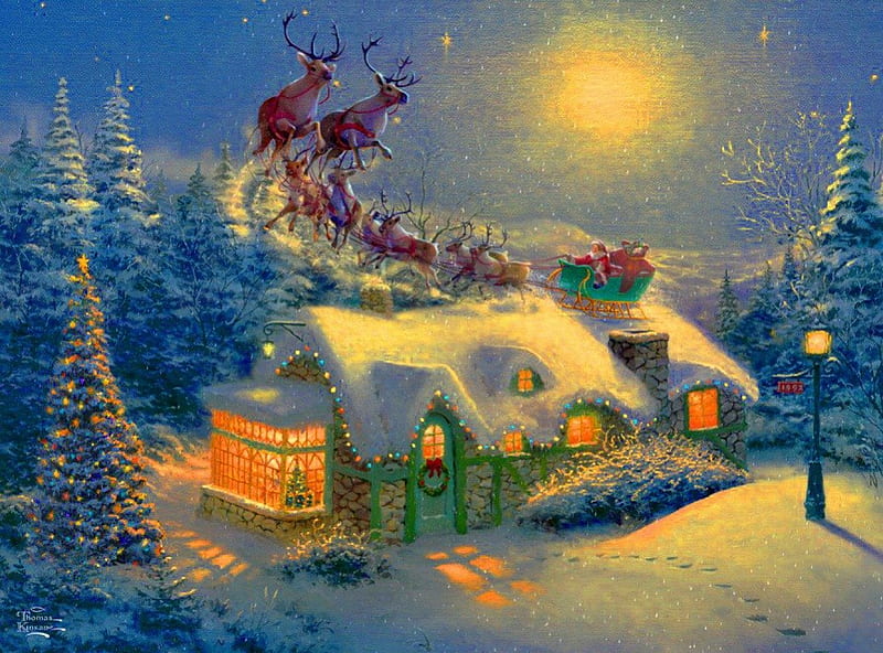 Dash away all, sleigh, house, welcome, eve, lights, mountain, village, deers, evening, art, lovely, quiet, christmas, rt, dash, trees, winter, serenity, snow, moonlight, gifts, cottage, home, bonito, valley, cold, santa claus, moon, painting, frost, north, calmness, rise, pole, slope, coming, HD wallpaper