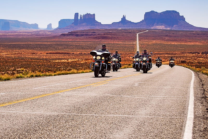 Harley Tours, monument valley, route 66, road, canyons, landscape, HD wallpaper