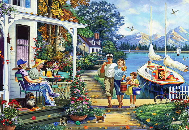 End Of Summer, boats, lake, chairs, painting, trees, veranda, people, HD wallpaper