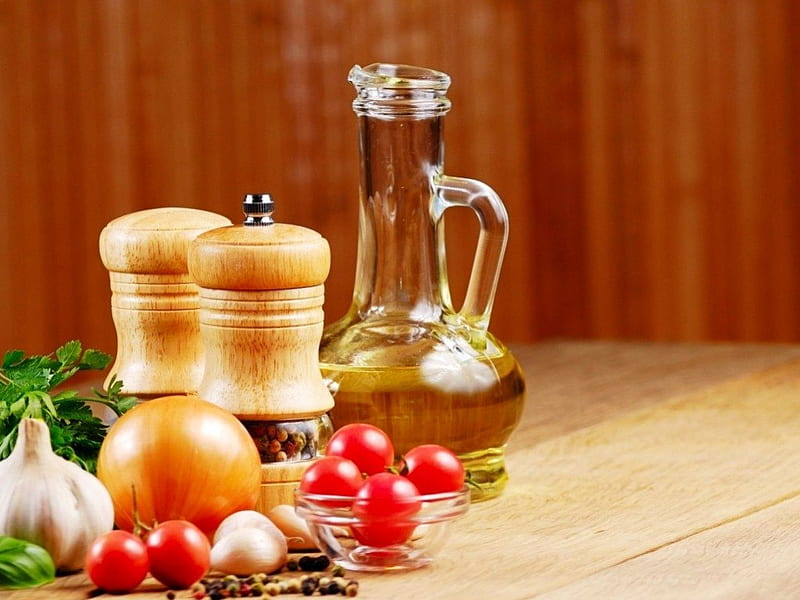 Oil & Vegetables, graphy, oil, onion, spices, food, vegetables, HD wallpaper
