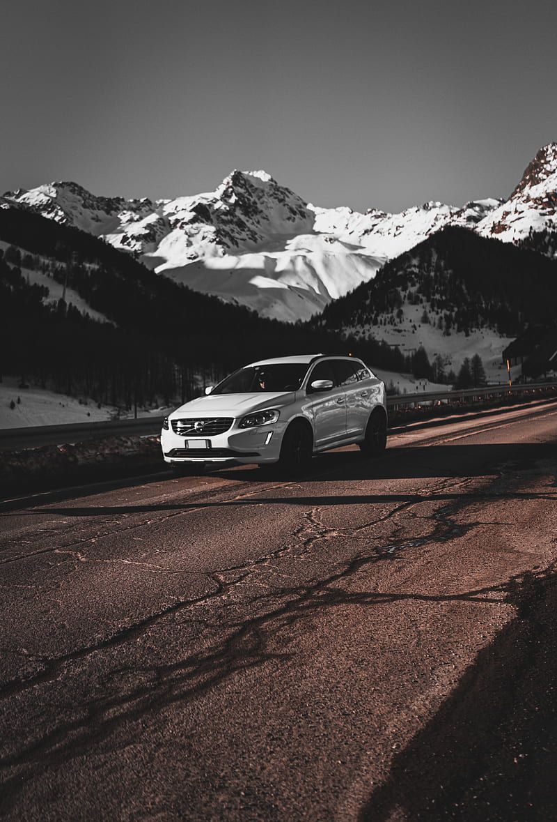 car, white, road, mountains, snow, HD phone wallpaper