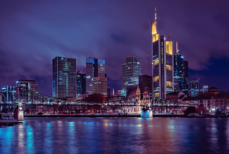 Cities, Night, City, Skyscraper, Bridge, Germany, Frankfurt, HD wallpaper