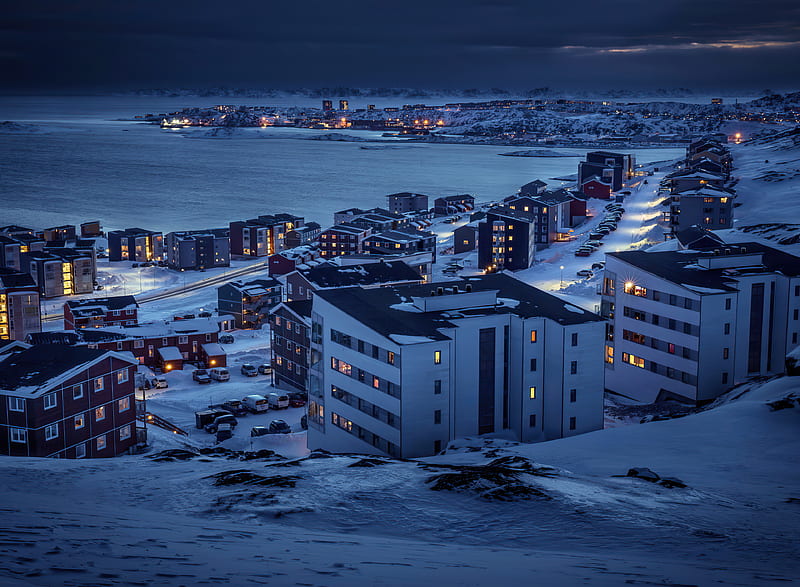 Towns, Town, Greenland, Night, Snow, Winter, HD wallpaper