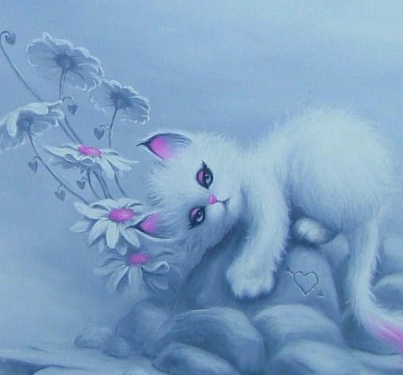✼Cute Cat Daisies✼, pretty, charm, bonito, adorable, oil on canvas, sweet, fantasy, paintings, splendor, flowers, traditional art, animals, lovely, kitty, colors, cat, daisies, cute, cool, kitten, HD wallpaper