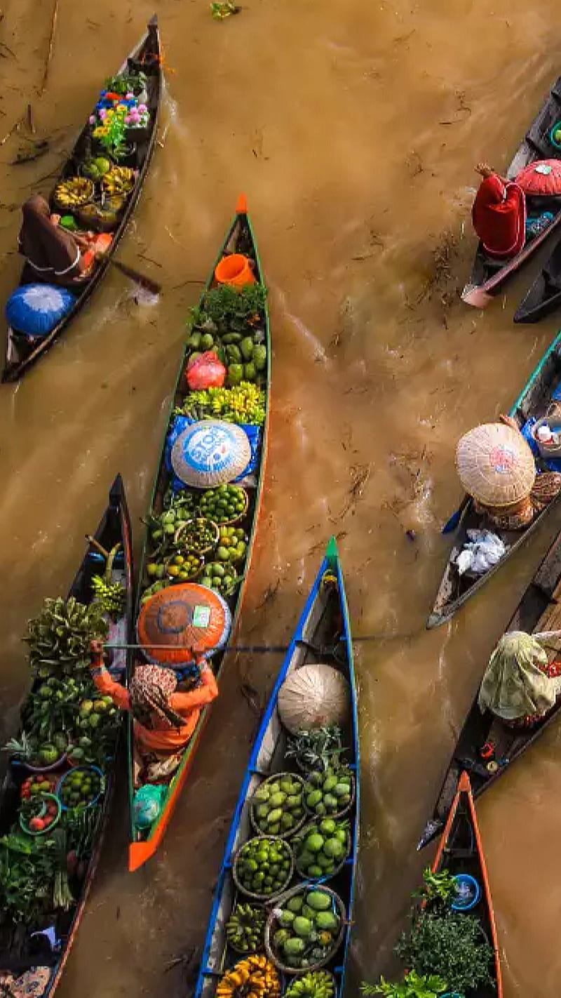 Traffic, boat, boats, fruits, people, river, vietnam, yellow river, HD phone wallpaper