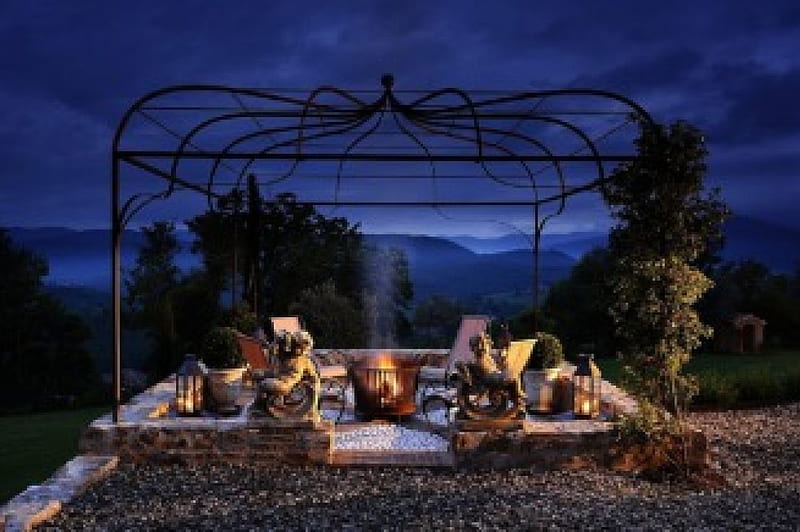 outdoor seating, fireplace, garden terrace, nature, HD wallpaper