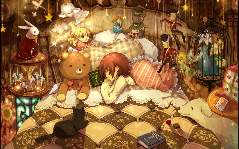 Sweet dreams, teddybear, anime, toy soldier, doll, fairy, HD wallpaper