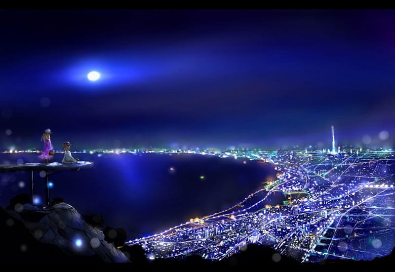 Night City, pretty, scenic cg, bonito, sea, sweet, nice, city, moon, anime,  usami renko, HD wallpaper | Peakpx