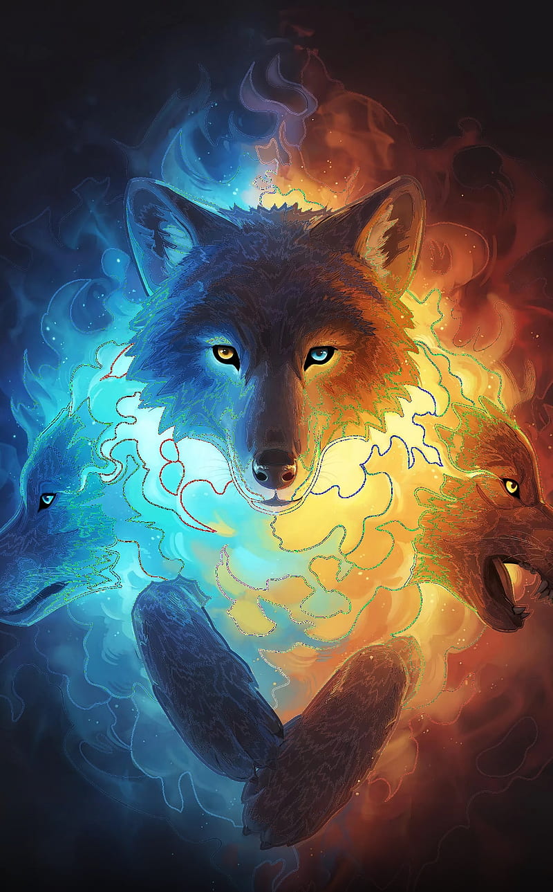 Clam and Fury, red, fire, blue, wolves, HD phone wallpaper