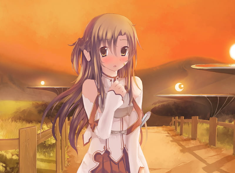 Yuuki Asuna, pretty, stunning, orange, cg, blush, game, sunset, clouds, incredible, nice, mmo, anime, mmorpg, path, beauty, anime girl, hills, art, yuuki, skirt, blonde, sky, cute, sketch, cool, digital, awesome, asuna, orange hair, fence, artistic, bonito, orange sky, painting, land, outfit, amazing, vrmmorpg, horizon, orange eyes, fantastic, sword art online, blonde hair, rpg, vn, sao, girl, guild, uniform, drawing, visual novel, HD wallpaper