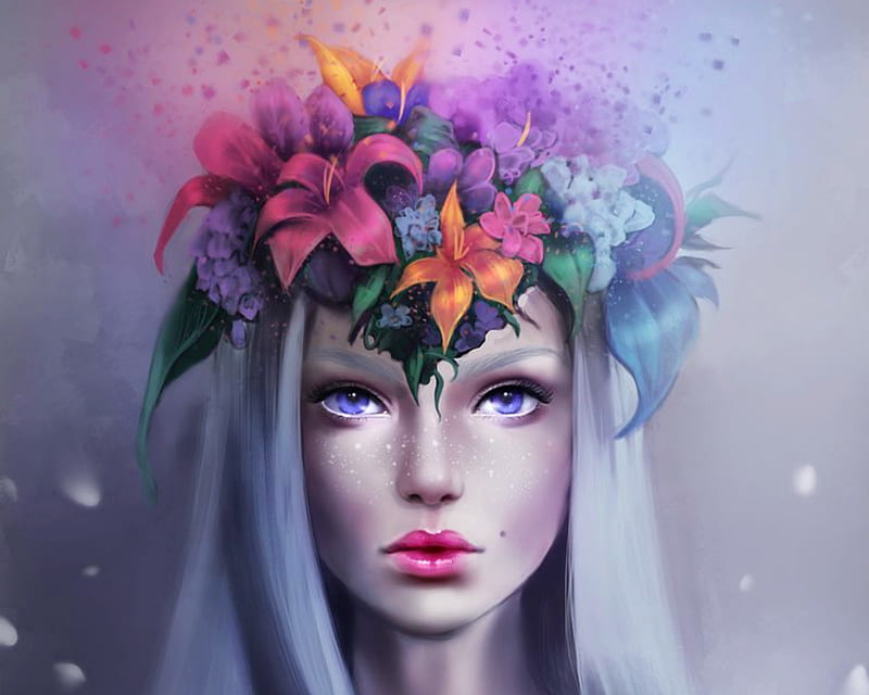 Colorful mind, fantasy, luminos, girl, flower, sandramalie, face, blue, HD wallpaper