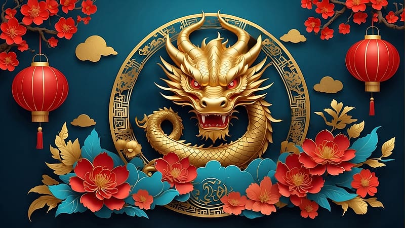 Zodiac - Dragon, blue, ted, zodiac, flower, red, dragon, chinese zodiac, new year, golden, HD wallpaper
