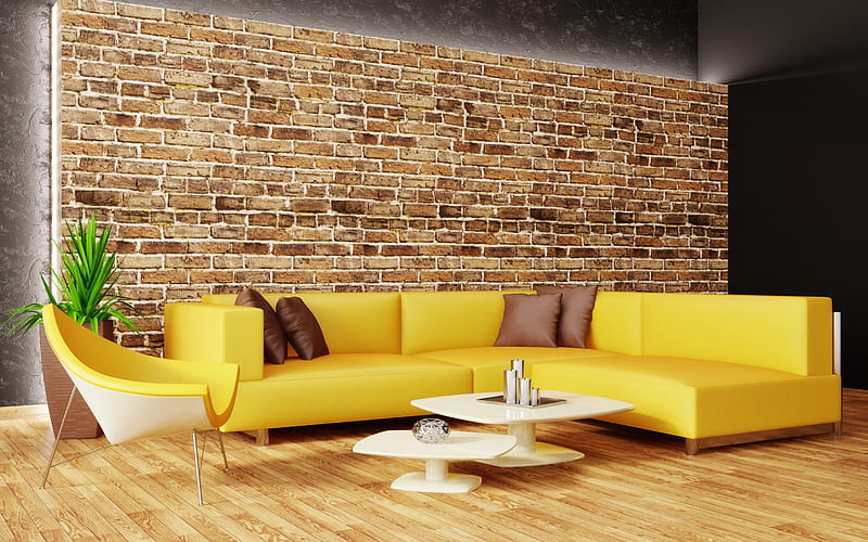 stylish living room, minimalism, modern interior design, loft style, large yellow sofa, HD wallpaper