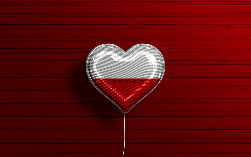 I Love Poland realistic balloons, red wooden background, Polish flag heart, Europe, favorite countries, flag of Poland, balloon with flag, Polish flag, Poland, Love Poland, HD wallpaper