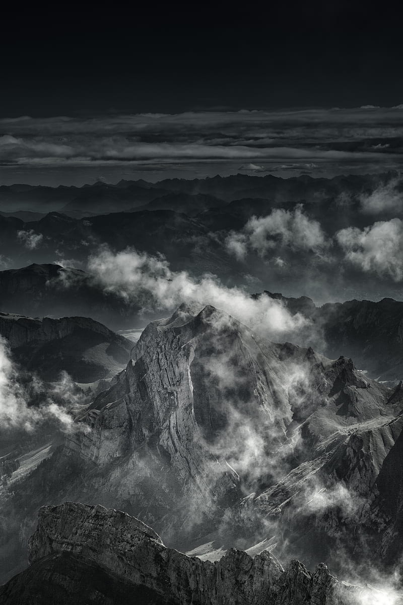 mountains, fog, peaks, clouds, gray, HD phone wallpaper